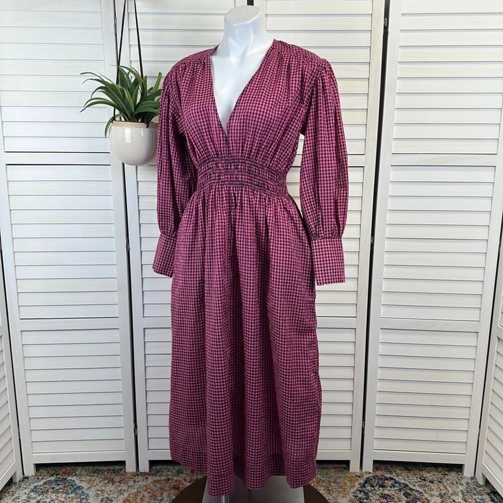 GANNI Pink Seersucker Gingham Check Midi Dress Smocked Puff Sleeve Size 34 US 2